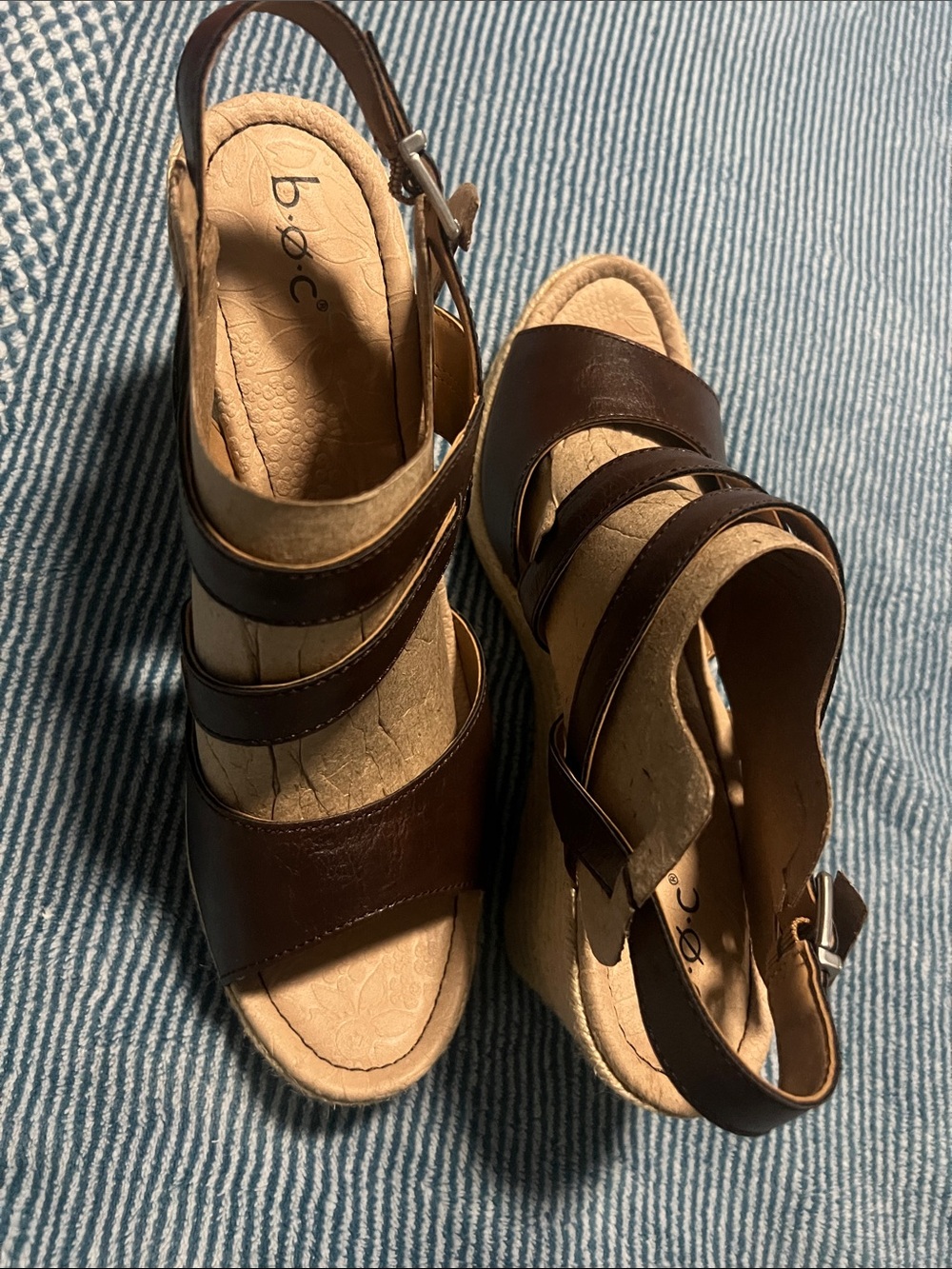 b.o.c. Brown Leather Strappy Wedge Sandals